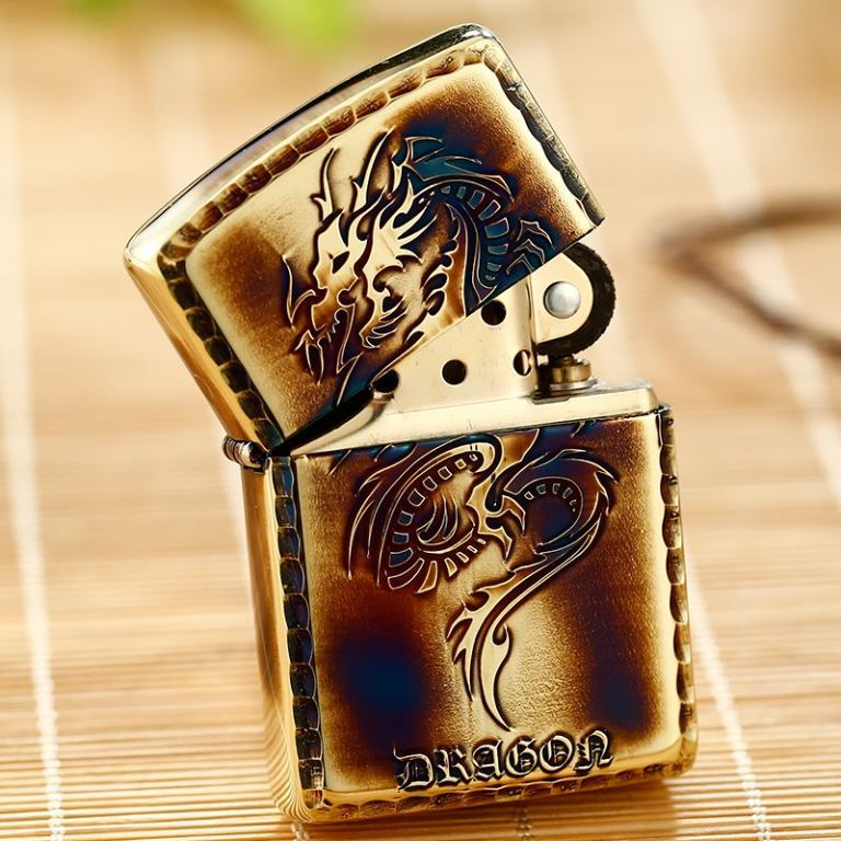 Zippo Chính Hãng Màu Vàng Đốt Khắc Họa Tiết Rồng Vỏ Dày Armor