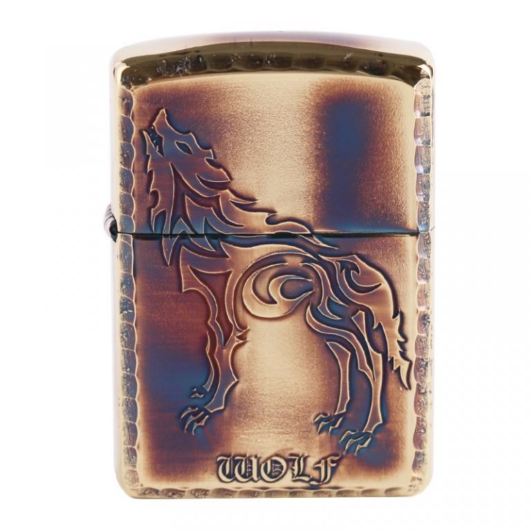 Zippo Chính Hãng Màu Vàng Đốt Khắc Họa Tiết Sói Hú Vỏ Dày Armor