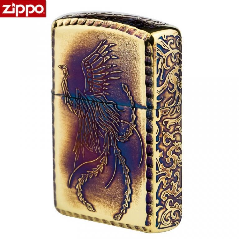 Zippo Chính Hãng Màu Vàng Đốt Khắc Phượng Hoàng Cùng Hoa Văn Arab Vỏ Dày Armor