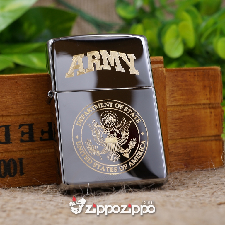 bật lửa zippo den bóng khắc logo Mỹ ARMY