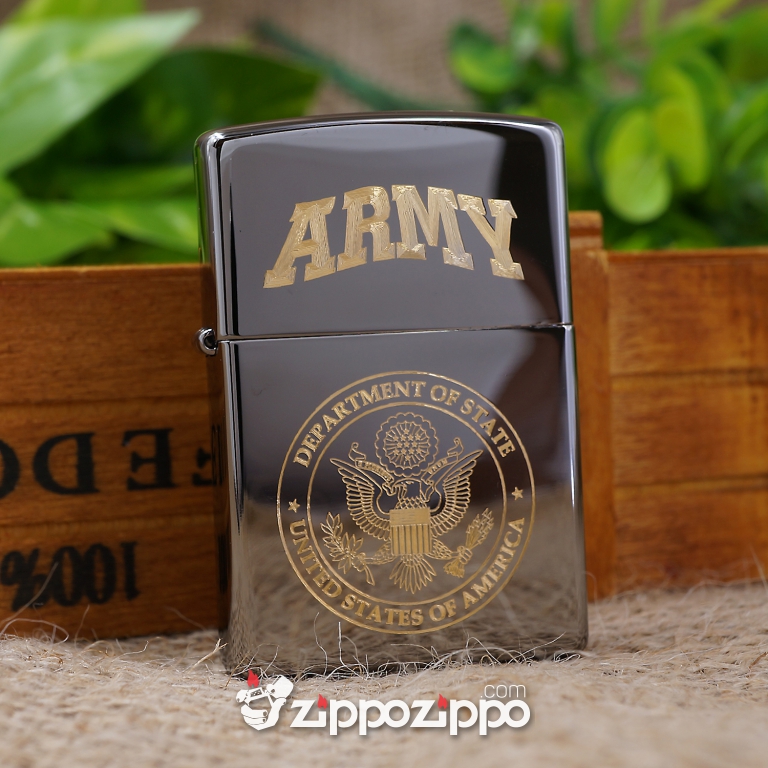 bật lửa zippo den bóng khắc logo Mỹ ARMY