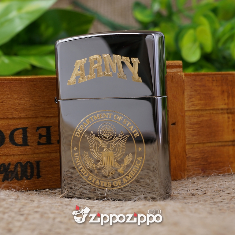 bật lửa zippo den bóng khắc logo Mỹ ARMY