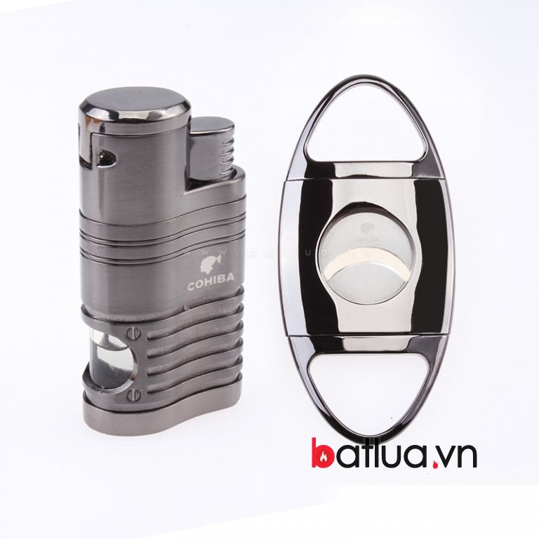 Bật lửa Xì gà 4 tia chính hãng COHIBA kèm dao cắt bằng thép không rỉ