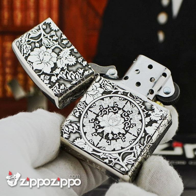 Zippo Chính Hãng Bạc Khối Khắc Vòm Hoa Mẫu Đơn Xung Quanh