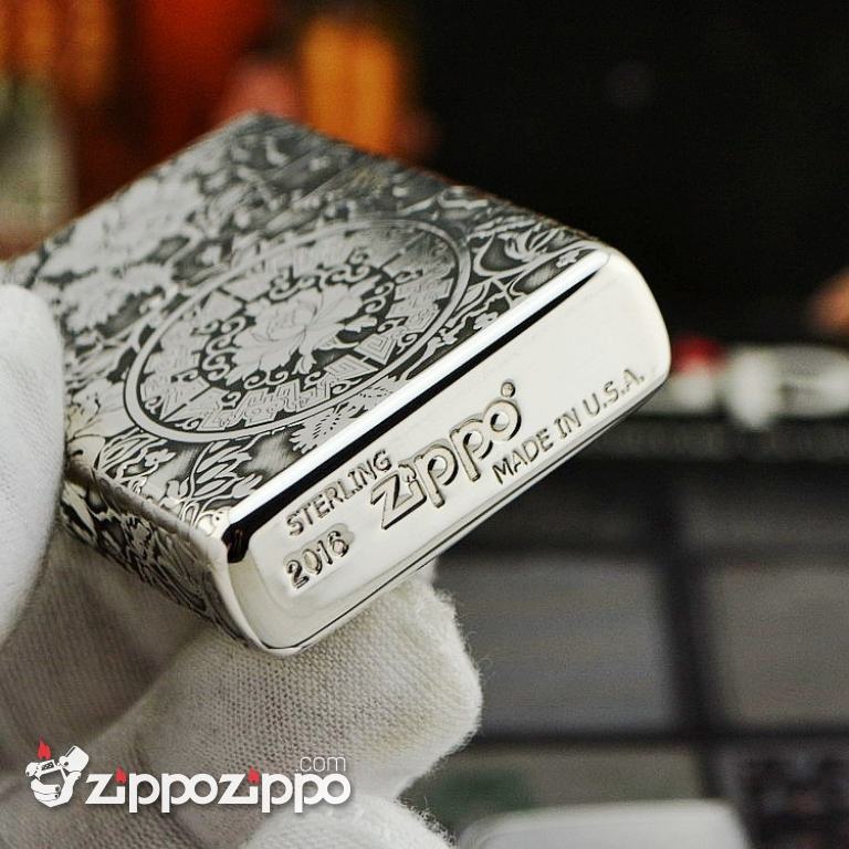 Zippo Chính Hãng Bạc Khối Khắc Vòm Hoa Mẫu Đơn Xung Quanh