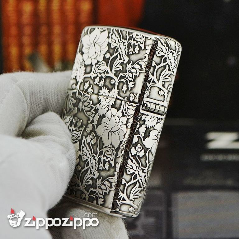 Zippo Chính Hãng Bạc Khối Khắc Vòm Hoa Mẫu Đơn Xung Quanh