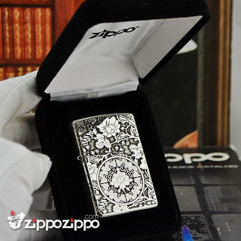 Zippo Chính Hãng Bạc Khối Khắc Vòm Hoa Mẫu Đơn Xung Quanh