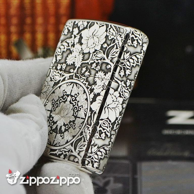 Zippo Chính Hãng Bạc Khối Khắc Vòm Hoa Mẫu Đơn Xung Quanh