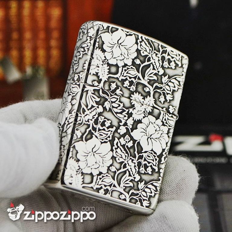 Zippo Chính Hãng Bạc Khối Khắc Vòm Hoa Mẫu Đơn Xung Quanh