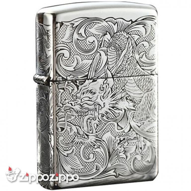 Bật Lửa Zippo Bạc Nguyên Khối Chạm Khắc Họa Tiết Rồng Nguyên Con