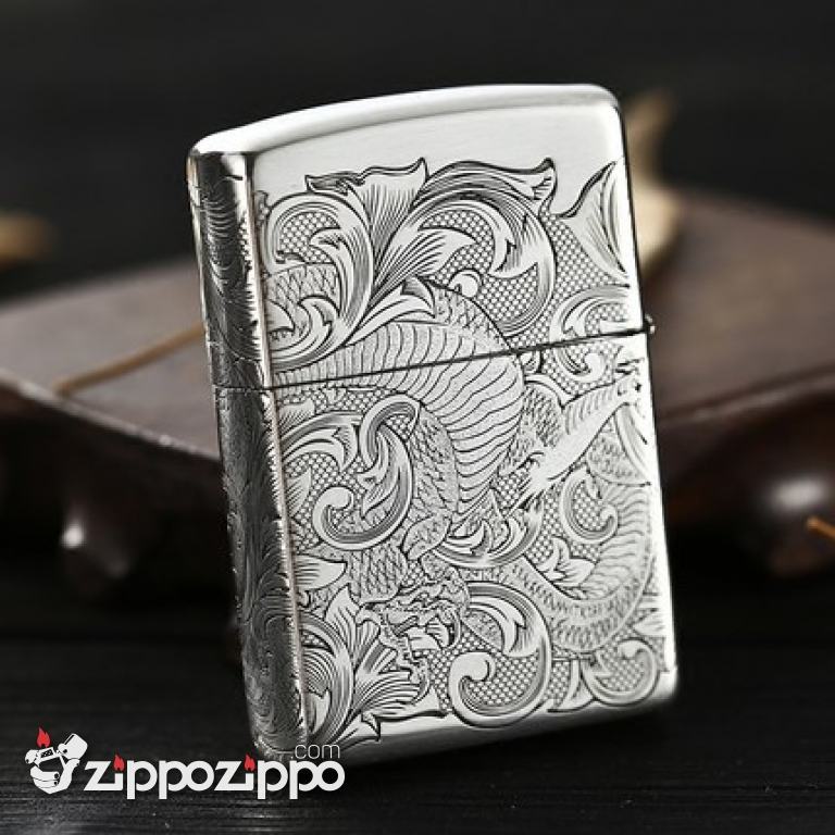 Bật Lửa Zippo Bạc Nguyên Khối Chạm Khắc Họa Tiết Rồng Nguyên Con