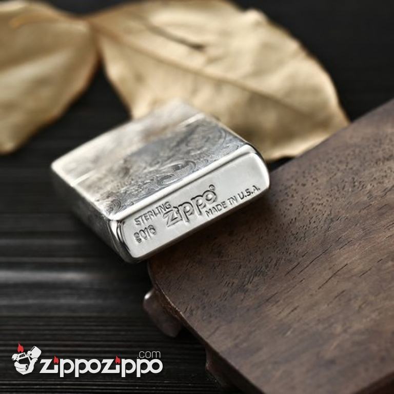 Bật Lửa Zippo Bạc Nguyên Khối Chạm Khắc Họa Tiết Rồng Nguyên Con