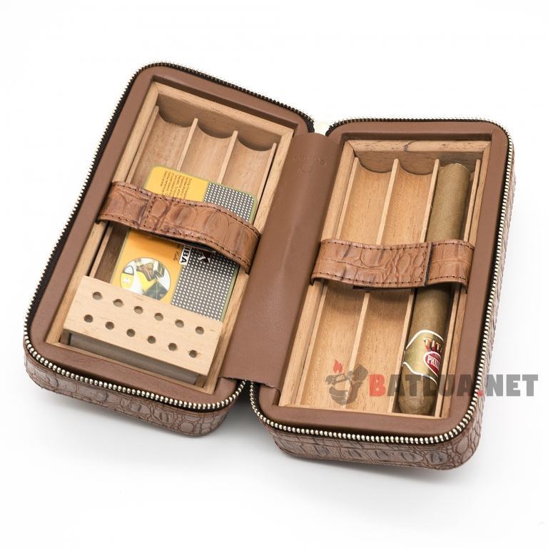 Bộ sản phẩm hộp da nâu vân Cigar Cohiba chống ẩm kiêm dao cắt cao cấp