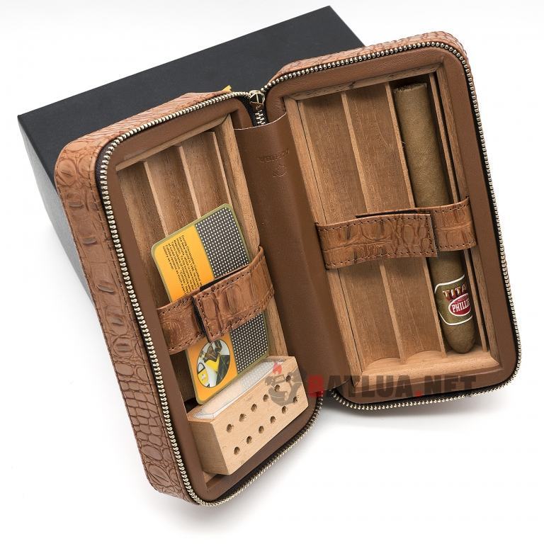 Bộ sản phẩm hộp da nâu vân Cigar Cohiba chống ẩm kiêm dao cắt cao cấp