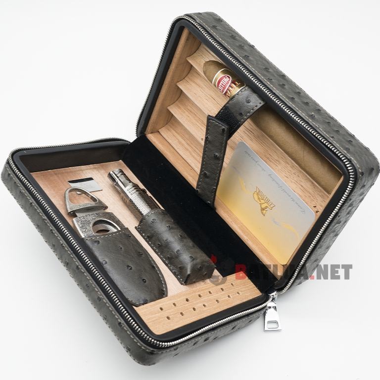 Bộ hộp giữ ẩm xì gà 4 điếu có dao cắt và bật lửa Lubinski