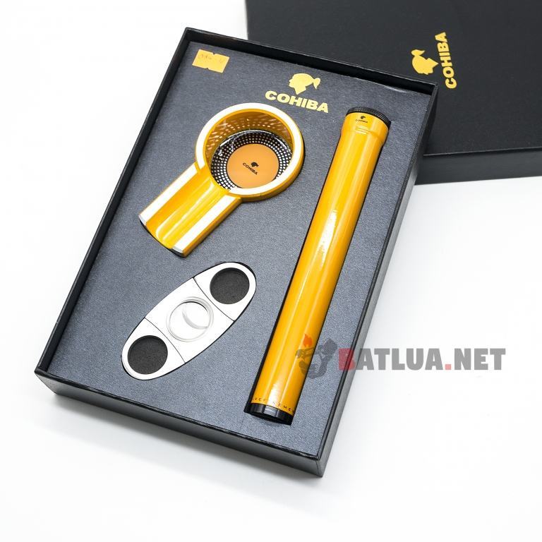 Set gạt tàn xì gà (Cigar), ống đựng xì gà, dao cắt xì gà Cohiba Màu vàng