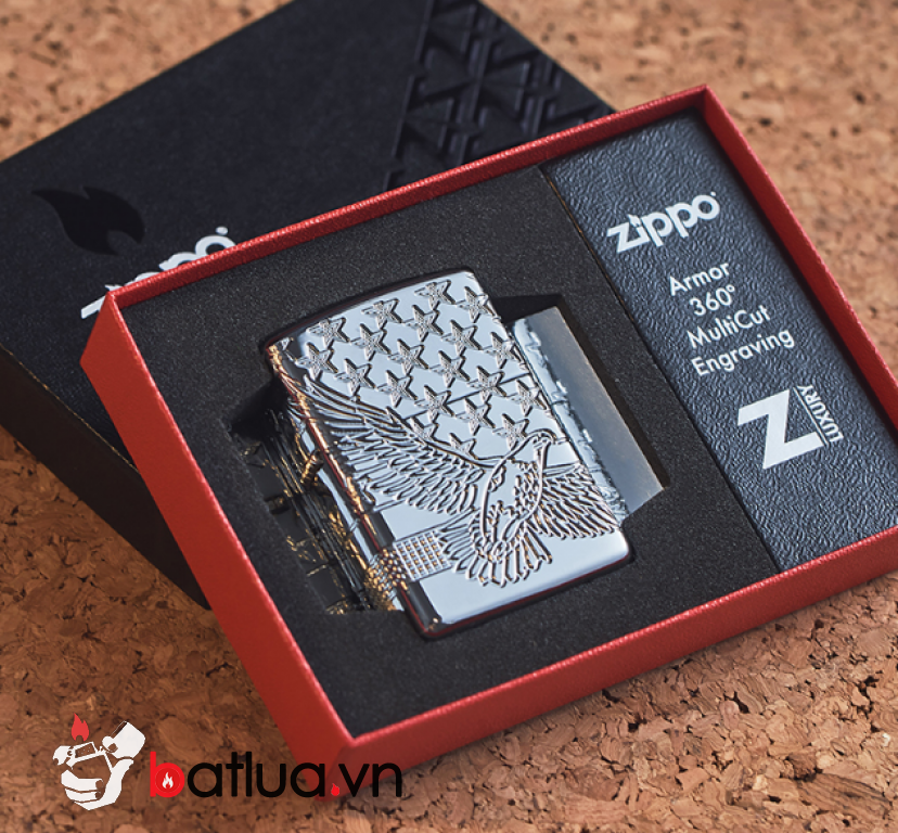 Zippo Armor khắc cao cấp 360 độ hình ảnh lá cờ Mỹ và đại bàng