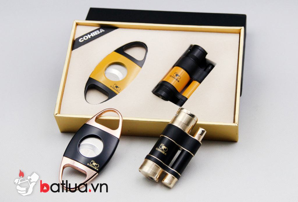 Bộ sản phẩm Bật Lửa xì gà Cohiba Kèm Dao Cắt Màu     Vàng