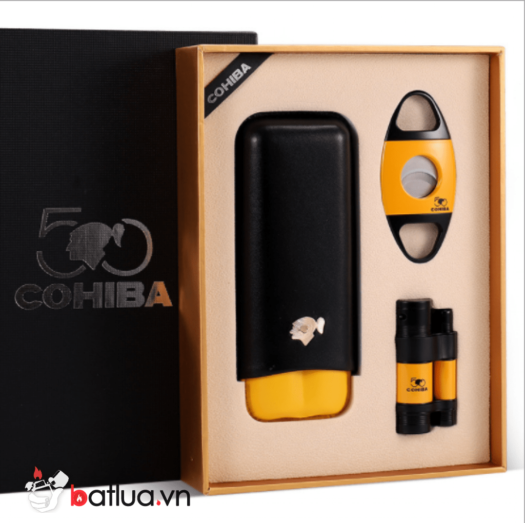 Bộ Sản Phẩm Bật Lửa Dao Cắt Và Bao Da Cohiba Dành Riêng Cho Xì Gà Màu Vàng T-56