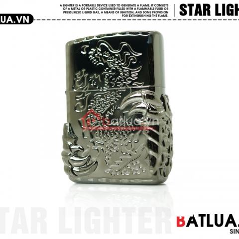 Bật lửa Star khắc rồng bên sườn đôi bọ cạp ôm xung quanh mầu đen