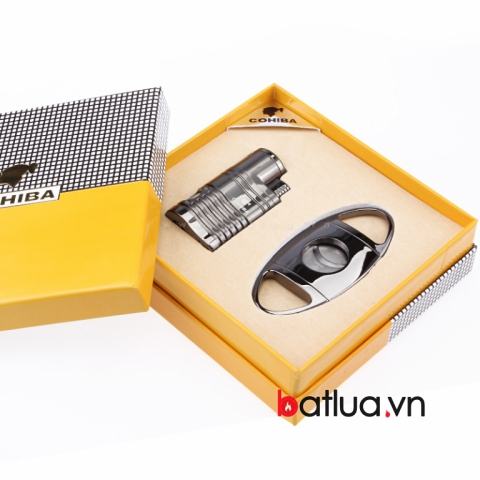 Bật lửa Xì gà 4 tia chính hãng COHIBA kèm dao cắt bằng thép không rỉ