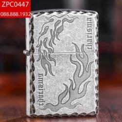 Bật lửa Zippo bạc cổ trạm khắc hoa văn ngọn lửa - Mã SP: ZPC0447