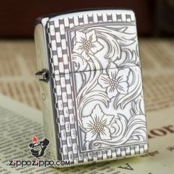 Bật lửa Zippo bạc khắc hoa ban dầu hai mặt - Mã SP: ZPC0959