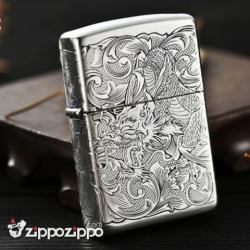 Bật Lửa Zippo Bạc Nguyên Khối Chạm Khắc Họa Tiết Rồng Nguyên Con