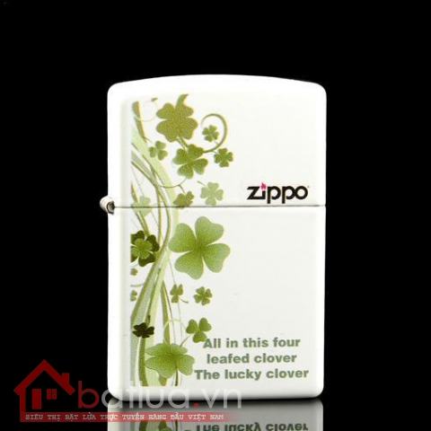 Bật lửa Zippo chính hãng 214 màu sơn trắng in hình cỏ 4 lá