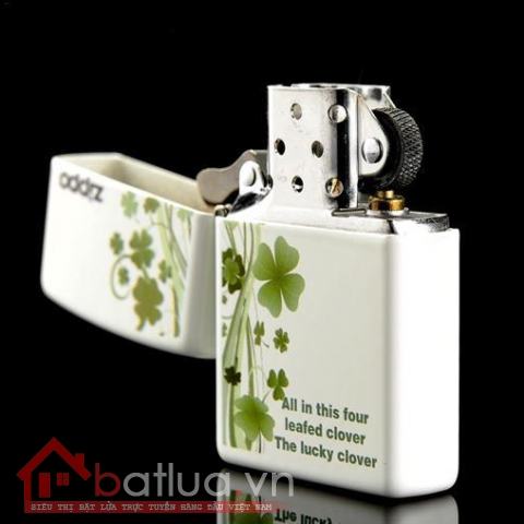 Bật lửa Zippo chính hãng 214 màu sơn trắng in hình cỏ 4 lá