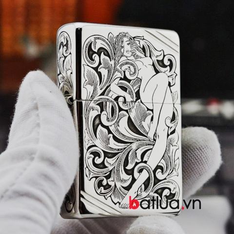 Bật lửa Zippo chính hãng bạc nguyên khối hình thiếu nữ