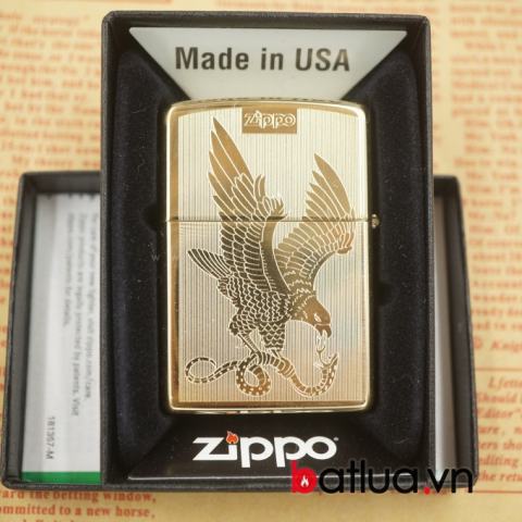 Bật lửa zippo chính hãng đồng vàng khắc 2 mặt hình chim đại bàng
