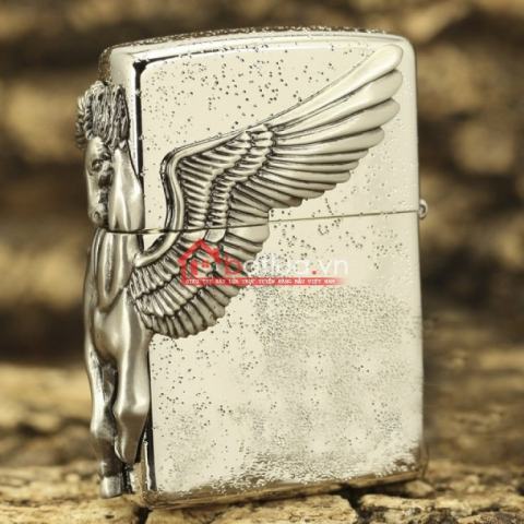 Bật lửa zippo chính hãng họa tiết ngựa thiên thần cạnh sườn phiên bản bạc