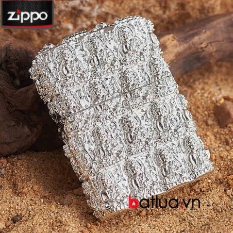 Bật lửa Zippo chính hãng màu bạc trắng khắc hình đức phật cổ