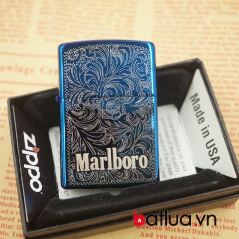 Bật lửa zippo chính hãng mầu xanh khắc hoa văn marlboro