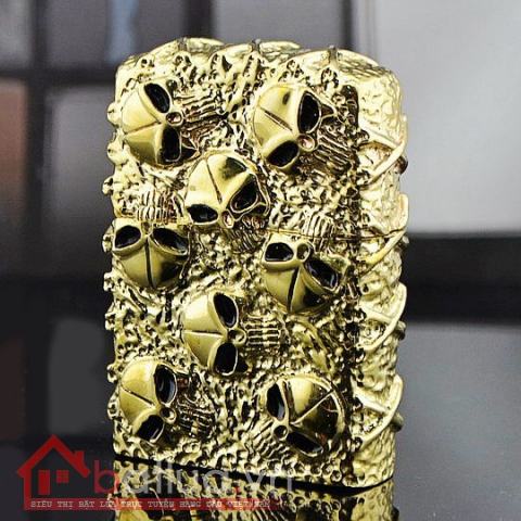 Bật lửa Zippo chính hãng nguyên khối mạ vàng khắc hộp sọ đầu lâu