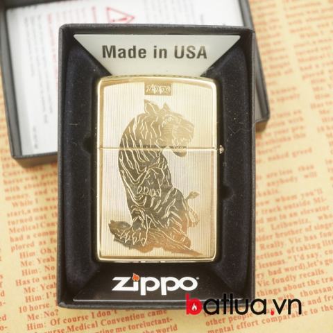 bât lựa zippo chính hãng vàng khắc 2 mặt hình hổ dũng mãnh