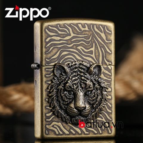 Bật lửa Zippo đồng cổ khắc nổi hình đầu hổ