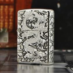 Bật lửa Zippo phiên bản Bạc nguyên khối khắc Rồng nhả ngọc