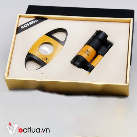 Bộ sản phẩm Bật Lửa xì gà Cohiba Kèm Dao Cắt Màu     Vàng