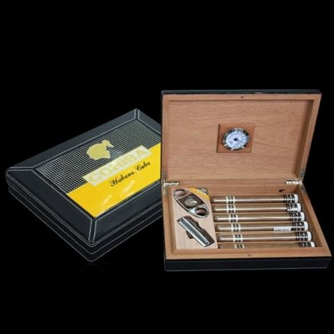 Set Hộp đựng Cigar (xì gà), bật lửa Cigar, dao cắt Cigar Cohiba chất liệu da loại 6 điếu