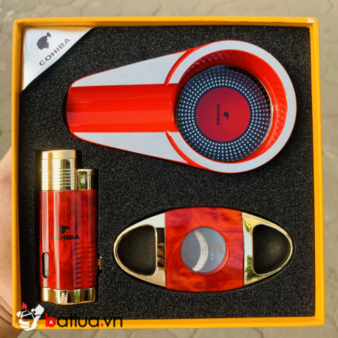 Sét Bật Lửa Gạt Tàn Xì Gà CoHiBa Chính Hãng Kiêm Đồ Cắt Bằng Thép Không Rỉ Cực Bén