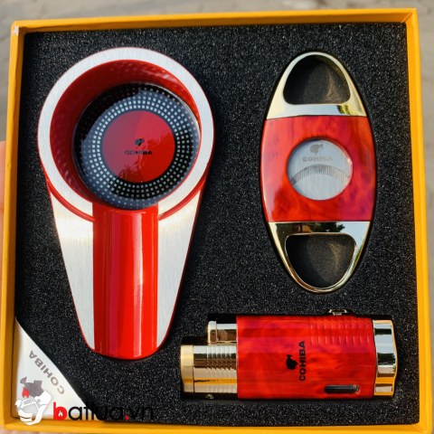 Sét Bật Lửa Gạt Tàn Xì Gà CoHiBa Chính Hãng Kiêm Đồ Cắt Bằng Thép Không Rỉ Cực Bén