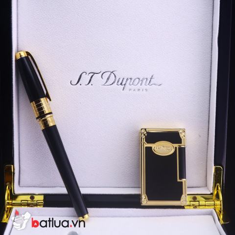 Set S.T.Dupont - Bật Lửa Dupont Đen Viền Vàng Sang Trọng & Bút Dupont Sang Trọng