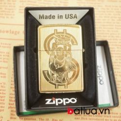 zippo chíh hãng mầu vàng khắc 2 mặt hình đồng tiền - Mã SP: BL03074