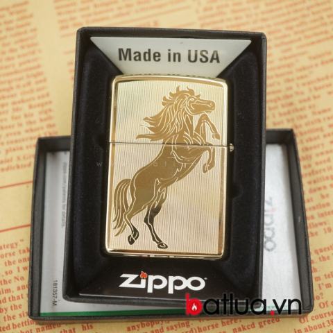 Zippo chính hãng 254B bản đồng vàng khắc ngựa 2 mặt