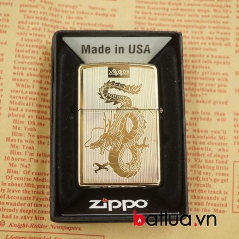Zippo chính hãng 254B đồng vàng khắc rồng 2 mặt