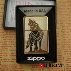 zippo chính hãng 254b màu vàng khắc 2 mặt hình chó sói - Mã SP: BL03061