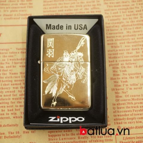 Zippo chính hãng 254b vàng bóng chạm khắc 1 mặt quan công cưỡ ngựa