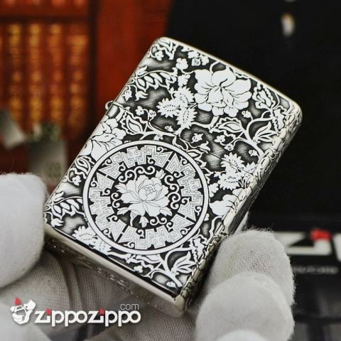 Zippo Chính Hãng Bạc Khối Khắc Vòm Hoa Mẫu Đơn Xung Quanh